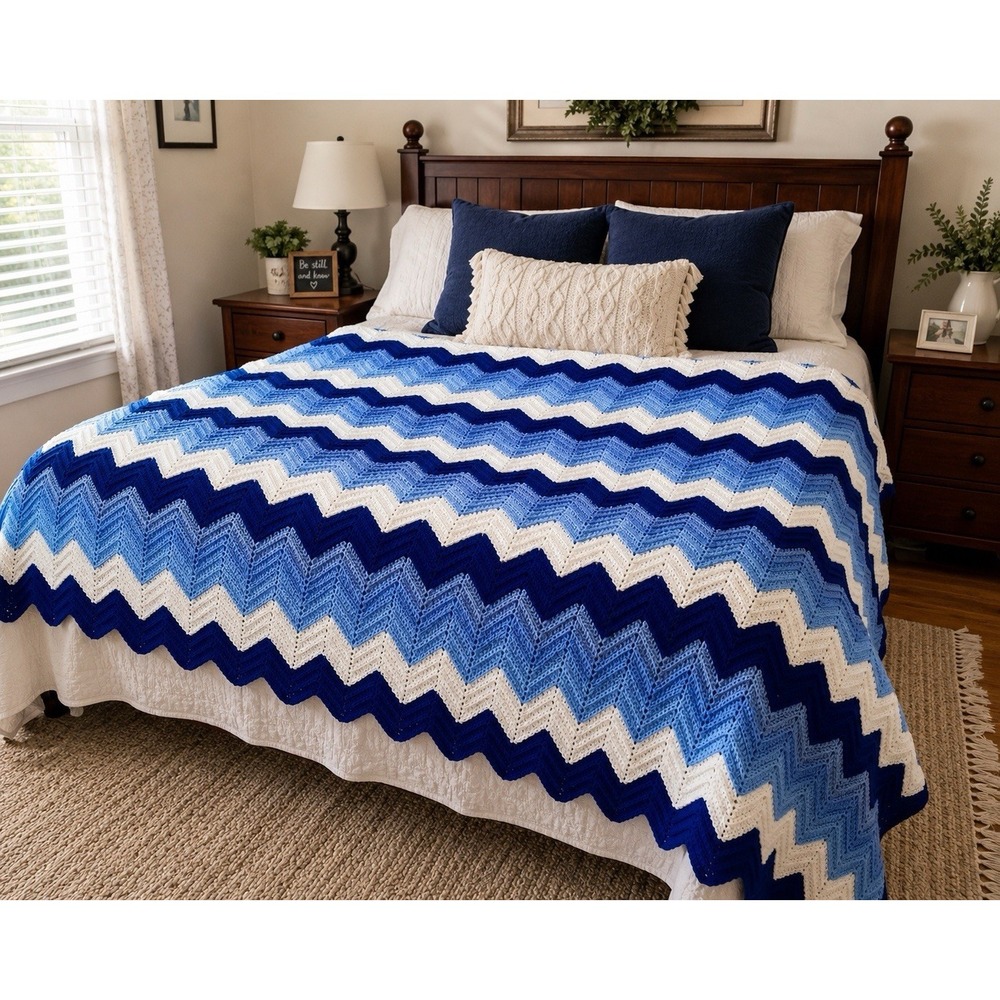 Handmade Blanket Afghan Throw Blue White Chevron Wave Ripple Cottage Costal